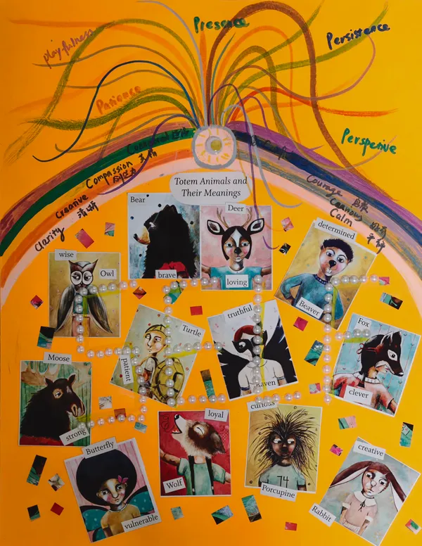 A bright yellow collage with layered expressive shapes and textures