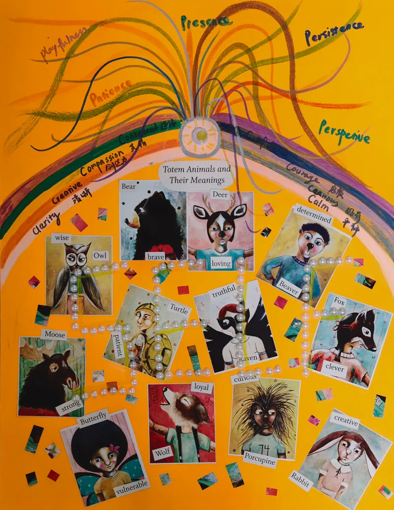 A bright yellow collage with layered expressive shapes and textures